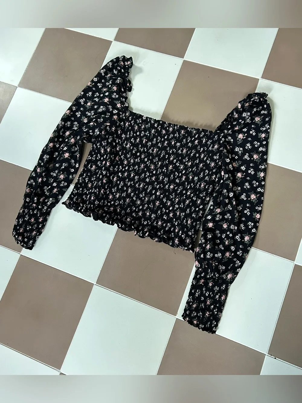 Reformation Pinto Smocked Floral Top Black Freesia Size S